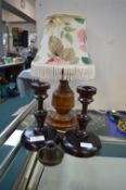 Pair of Turned Wood Candlesticks and a Table Lamp