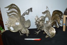 Two Large Ornamental Metal Fighting Cockerels