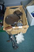 Wicker Basket Containing Vintage Kitchen Items Inc