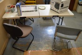 *Lifetime 6ft Folding Table, Four Chairs, and a Freestanding Yellow & Black Shelving Unit