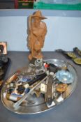 Tray Lot of Metal Ware Including Corkscrews, etc. plus Cared Wooden Buddha