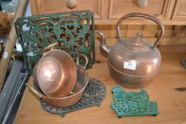 Copper Kettle, Cast Iron Bookstand, and Trivets
