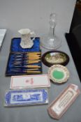 Glass Decanter, Spode Dishes, and a Cutlery Set