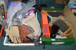 One Box and Two Crates of Miscellaneous Items, Bicycle Helmet, Tennis Rackets, etc.