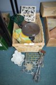 Basket of Vintage Kitchenware, Scales, Jelly Moulds, Trivets, etc.