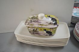 Seven White Serving Dishes plus a Colly Dog Butter Dish