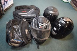 Three Motorcycle Helmets, and Three Tank Bags