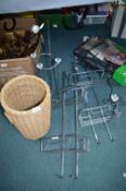 Two Chrome Bathroom Racks, Basket, and a Toilet Roll Holder
