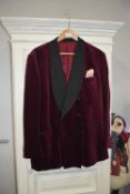 Burgundy & Black Velvet Double Breasted Dinner Jacket by Oliver Brown Size: 46R