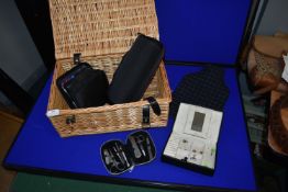 Wicker Picnic Basket, Thermos Flask, Carry Case, Assorted CDs, Hot Water Bottle, Manicure Set, and