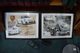 Porche and Aston Matin Framed Car Prints, plus Toy Cars