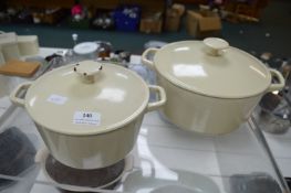 Two Cast Iron Enamel Lidded Casserole Dishes