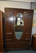 1930's Oak Wardrobe with Oval Beveled Edge Mirror
