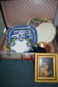 Vintage Suitcase Containing Pottery and Glass, and