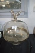 White metal Cake Stand with Glass Cover and Deer Head Handle