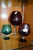 Three Vintage Coloured Glass Oversized Brandy Balloons