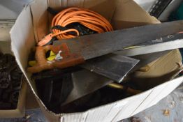 Mixed Box of Assorted Saws, Spirit Level, Planes, Burners, etc.