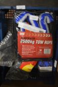 Mixed Box Containing Tow Rope, Spanner Set, Wire Wool, and Car Lightbulbs