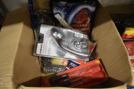 Mixed Box Containing Screwdriver Set, Chrome Showerhead & Hose, Tow Rope, etc.