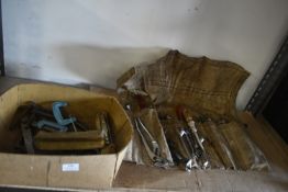 Box of Clamps, Spirit Levels, and a Toolbag of Assorted Tools, etc.