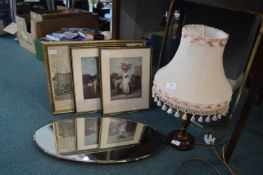 Bevelled Edge Mirror, Framed Pictures, Prints, Lamp, and a Fire Screen