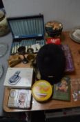 Assorted Items including Old Tins, Riding Hat etc