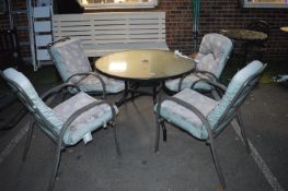 Glass Topped Metal Frame Patio Table with Upholstered Four Chair