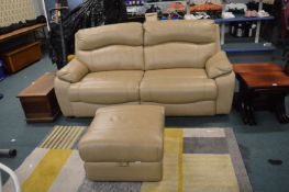 Tan Leather Two Seat Settee with Matching Storage Pouffe