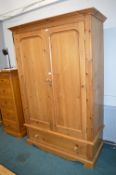 Solid Pine Double Wardrobe with Single Leather Dra