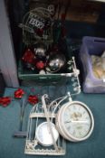 Wire Baskets, Decorative Items plus Clocks etc