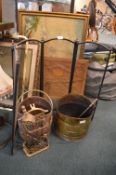 Two Copper Coal Buckets, Fire Screen and Companion Set