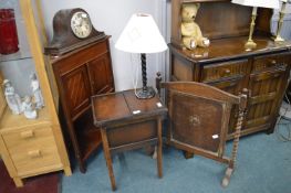 Oak Sewing Box, Corner Cupboard, Fire Screen, Lamp, etc.