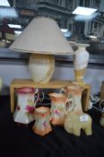 Pottery Jugs, Table Lamp plus Onyx Vase etc