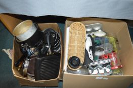 Two Boxes of Kitchenware, Pans, Glassware, etc.