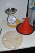 Marble Cake Stand, Tagine, and Kitchen Scales