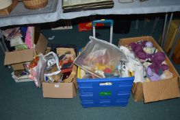 Four Boxes of Sewing Fabric, Knitting Wool, Wrappi