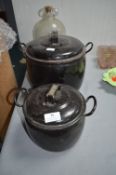 Two Large Cast Iron Cookpots, and a Demijohn