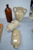 Stoneware Water Bottles and Ewer, and a Large Glas