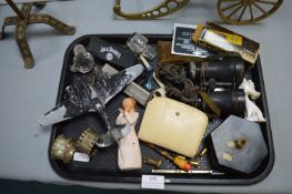 Tray Lot of Collectibles Including Binoculars, Har