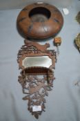Fretwork Wall Mirror with Shelf, Wooden Bowl, and