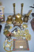 Brass Bell, Candlesticks, and Decorations