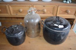 Enamel Cooking Pots by Juice Ware, and a Demijohn