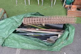 Large Bag of Garden Tools, Drain Rods, etc.