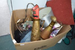 Mixed Box of Table Lamps, Brassware, Pie Maker, et