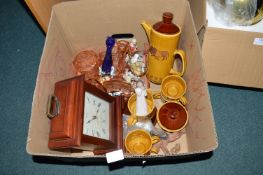 Pottery, Glassware, and a Mantel Clock