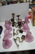 Brass Ceiling Light with Pink Glass Shade and Two