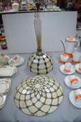 Two Leaded Glass Lampshades and Candlestick