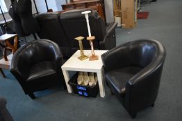 *White Square Occasional Table with Two Faux Leather Tub Seats, and a Candle Stand