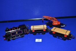Boxed Hornby O Gauge Clockwork Type 40 Tank Loco with Two Lumber Wagons, and Crane