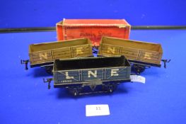 Three Hornby Series Meccano Open Wagons LNER